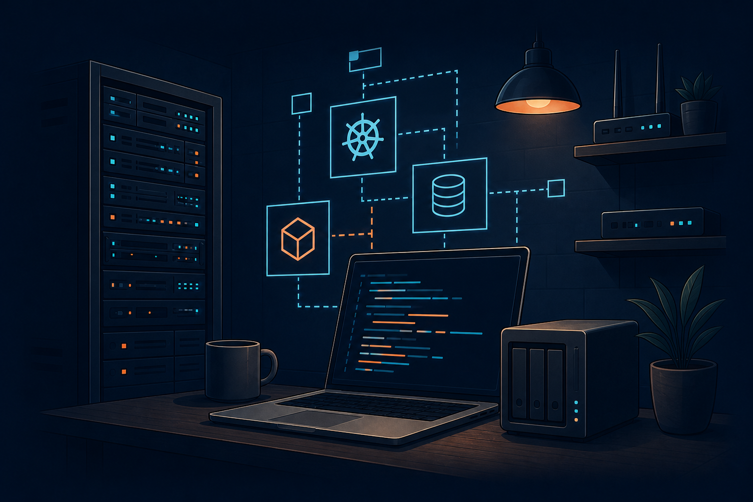 An illustrated homelab workspace with a server rack, laptop, network storage, and connected infrastructure symbols