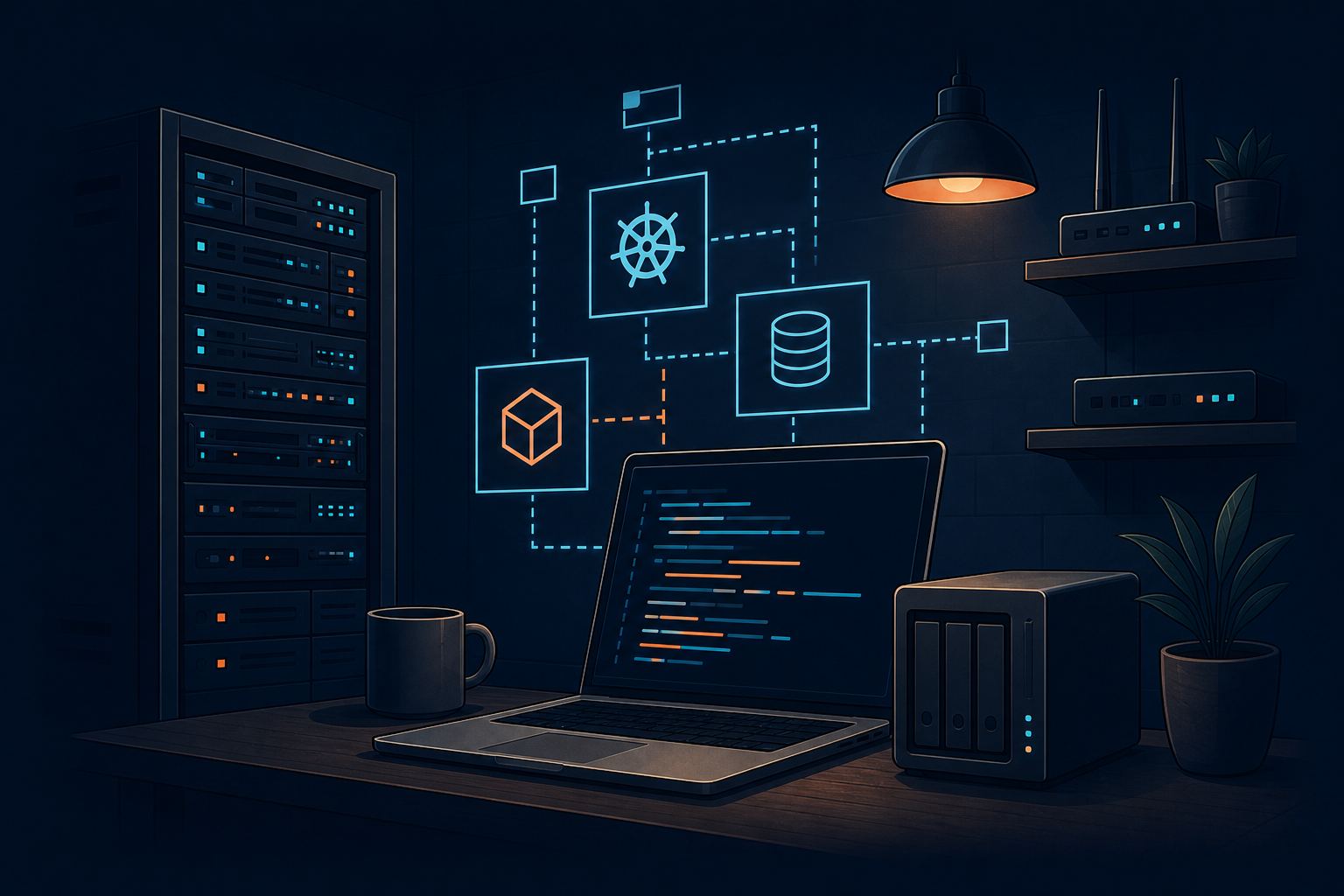 An illustrated homelab workspace with a server rack, laptop, network storage, and connected infrastructure symbols